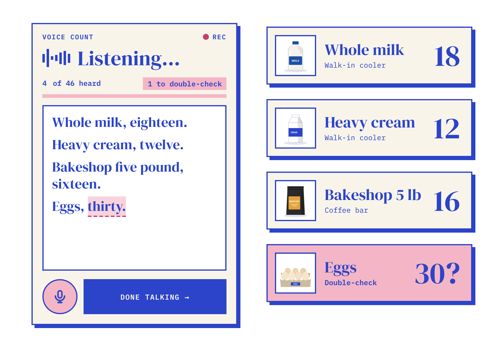 Mix inventory app counting stock by voice: ‘Whole milk, eighteen’ becomes a count of 18, and an unclear egg count is flagged to double-check.